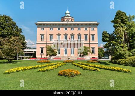 View of Villa Ciani with colorful tulips foreground in the public city park of Lugano, Switzerland Stock Photo