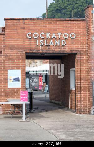 The brick entry gate at the ferry wharf on Cockatoo Island in Sydney Harbour, New South Wales, Australia Stock Photo