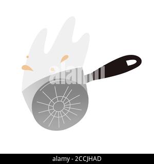 Hot frying pan with oil drops and steam, doodle icon, vector illustration isolated on white background, classic kitchenware, kitchen utensil for Stock Vector