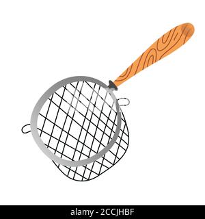 Strainer Sieve, metal mesh vintage strainer for rinsing food, household utensil, isolated vector icon on white background, doodle hand drawn cartoon Stock Vector
