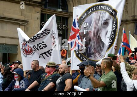 Right wing anti-pedophile protesters with banners, in Nottingham. Stock Photo