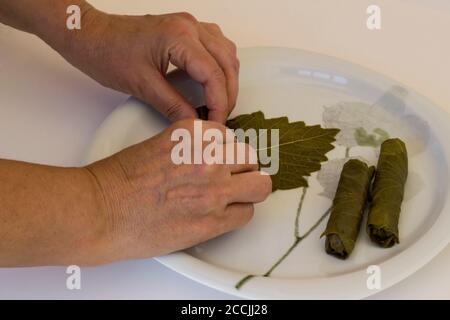 Hand is wraps,rolling of wet grape leaves in white plate,Traditional Turkish Food preparation,above view Stock Photo