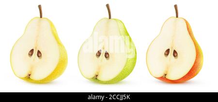 Isolated half of pear fruit. Yellow, green and red pear halves in a row isolated on white background Stock Photo