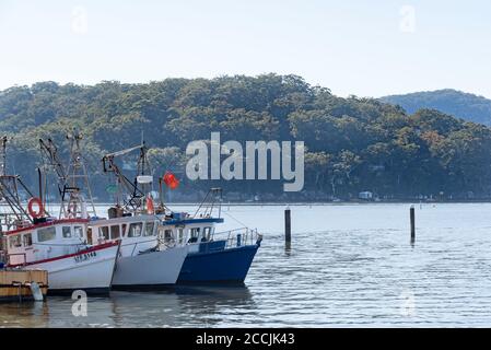 With Dangar Island and Little Wobby in the background, a line of working fishing trawlers sit moored at Brooklyn, New South Wales, Australia Stock Photo