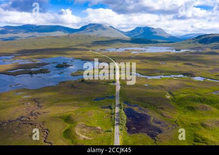 Aerial view of A82 road crossing Rannoch Moor in summer, Scotland, UK Stock Photo