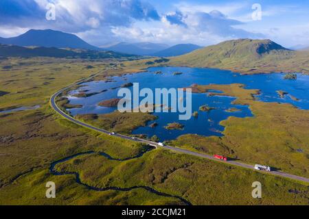 Aerial view of Lochan na h-Achlaise and A82 road crossing Rannoch Moor in summer, Scotland, UK Stock Photo