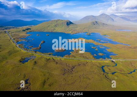 Aerial view of Lochan na h-Achlaise and A82 road crossing Rannoch Moor in summer, Scotland, UK Stock Photo