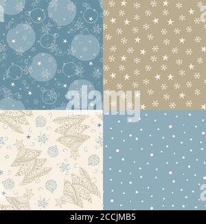 Christmas tree, balls, stars hand drawn seamless patterns. Blue beige pastel colors. Set of patterns for cards, fabric, wrapping paper. Uneven lines Stock Vector