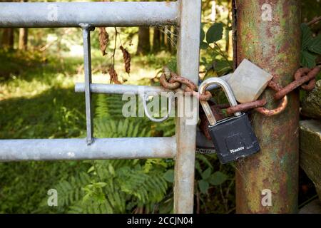 multiple padlocks on old rusty chain broken a few times close shut gate to private property in the lake district, cumbria, england, uk Stock Photo