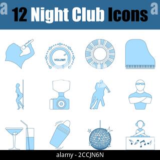 Night Club Icon Set. Thin Line With Blue Fill Design. Vector Illustration. Stock Vector