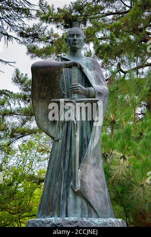 Statue of Takayama Ukon (1552-1615) at Takaoka castle Park in Takaoka, Toyama, Japan. Takayama Ukon was a Christian feudal lord in medieval Japan. Stock Photo