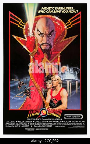 Flash Gordon (1980) directed by Mike Hodges and starring Sam J. Jones, Melody Anderson, Max von Sydow and Brian Blessed. Can Flash and friends defeat the evil Ming the Merciless who is attacking Earth remotely from Mongo? Stock Photo