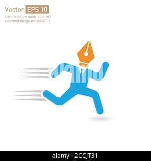 a human character with pen icon on head running fast. concept of opportunity for writers, designers and creative people. Stock Vector