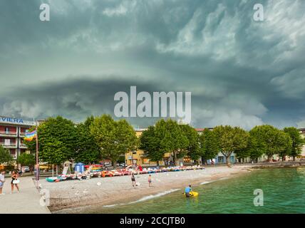 August 12 2019, Desenzano del Garda, Lombardy, Italy - Severe weather with thunderstorms, heavy rain showers and strong winds develop rapidly at Desen Stock Photo