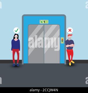 illustration of a flat person driving an elevator. with health protocols to avoid transmission of covid-19. Design template vector Stock Vector