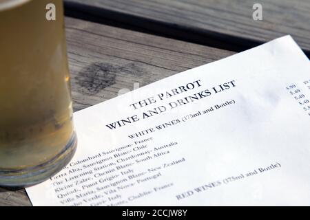 Wine and Drinks list. The Parrot Pub is a public house located in the beautiful village of Forest Green, set deep in the Surrey Hills. August 2020 Stock Photo