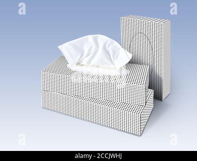 Three Cosmetic Tissues Box with dot pattern decor isolated on gradient background. Each face have a path Stock Photo