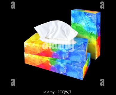Three Cosmetic Tissues Box with abstract decor isolated on Black background. Each face have a path Stock Photo