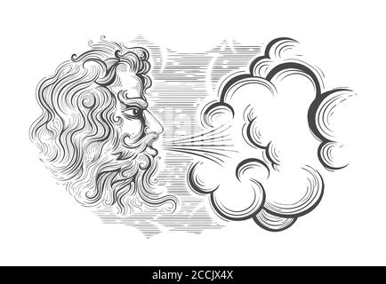 Hand drawn Medieval God of Wing Zephyrus in engraving style. Vector illustration. Stock Vector