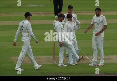 Yorkshire County Cricket, Emerald Headingley Stadium, Leeds, West Yorkshire, 23th August 2020. Bob Willis Trophy - Yorkshire County Cricket Club vs Lancashire County Cricket Club, Day 2. Tom Bailey of Lancashire celebrates taking the wicket of Tom Kohler-Cadmore of Yorkshire. Credit: Touchlinepics/Alamy Live News Stock Photo