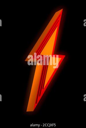 Orange beveled lightening bolt sign isolated on black background. Electricity and power symbol. 3D render illustration Stock Photo