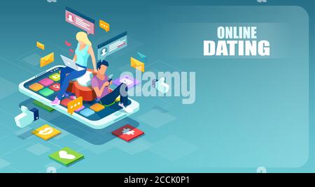 Online dating on social media platforms concept. Vector of a young man and woman using mobile app to chat with each other Stock Vector