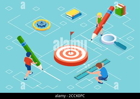 Vector of kids holding a ruler and pencils measuring the size of the education target Stock Vector