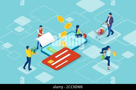 Vector of shopping people paying with smartphone using financial app Stock Vector