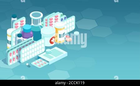 Vector of various meds, pills, capsules, glass bottles with liquid medicine. Drug medication and  supplements set Stock Vector