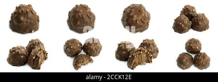 Chocolate candies collection. Beautiful candies with nuts from different sides isolated on white background. Stock Photo