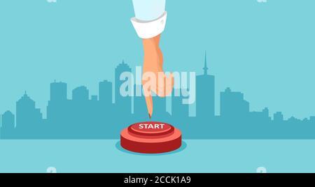 Vector of a business woman hand pushing a red start button and launching a startup on a city scape background Stock Vector