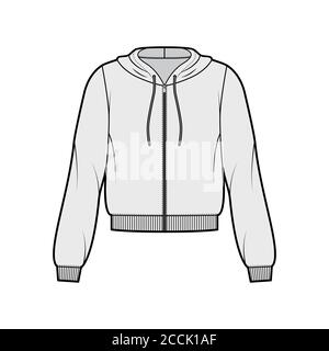 Zip-up cotton-fleece hoodie technical fashion illustration with relaxed fit, long sleeves, ribbed trims. Flat jumper apparel template front, grey color. Women, men, unisex sweatshirt top CAD mockup Stock Vector