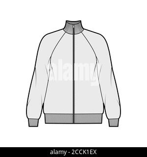 Oversized long-sleeved zip-up sweatshirt technical fashion illustration with cotton-jersey, raglan, ribbed trims. Flat outwear jumper apparel template front grey color. Women, men unisex top CAD Stock Vector