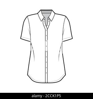 Classic shirt technical fashion illustration with short sleeves, relax fit, front button-fastening, regular collar. Flat apparel template front, white color. Women men unisex top CAD mockup  Stock Vector