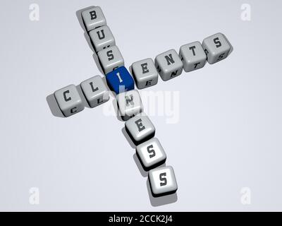 CLIENTS BUSINESS crossword by cubic dice letters, 3D illustration Stock Photo