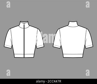 Zip-up cropped turtleneck jersey sweater technical fashion illustration with short sleeves, close-fitting shape. Flat outwear jumper apparel template front back white color. Women men unisex shirt top Stock Vector