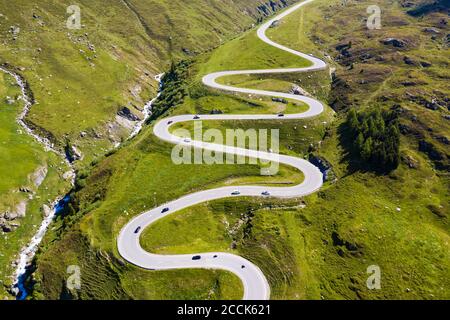 Switzerland, Canton of Grisons, Arosa, Aerial view of Julier Pass in summer Stock Photo