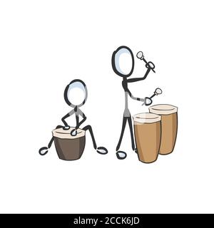 Drum beat. African music instrument vector simple. playing drums. Stickman no face clipart cartoon. Hand drawn. Doodle sketch, graphic illustration Stock Vector