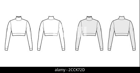 Cropped turtleneck jersey sweater technical fashion illustration with long sleeves, close-fitting shape. Flat outwear jumper apparel template front back white grey color. Women men unisex shirt top Stock Vector