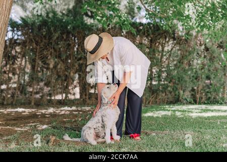 Senior woman wearing hat with dog standing on grassy land in yard Stock Photo