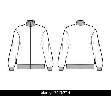 Oversized long-sleeved zip-up sweatshirt technical fashion illustration with cotton-jersey, ribbed trims. Flat outwear jumper apparel template front back white color. Women, men unisex top CAD mockup Stock Vector