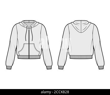 Zip-up cotton-fleece hoodie technical fashion illustration with relaxed fit, long sleeves, ribbed trims, front pocket. Flat jumper template front, back, grey color. Women, men, unisex sweatshirt top Stock Vector