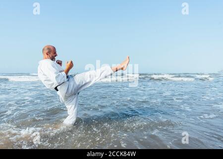 Mature man kicking while practicing karate in sea against clear sky Stock Photo