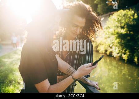 Couple using smart phone while standing in park on sunny day Stock Photo