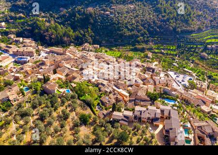Spain, Mallorca, Fornalutx, Drone view of countryside village in Serra de Tramuntana Stock Photo