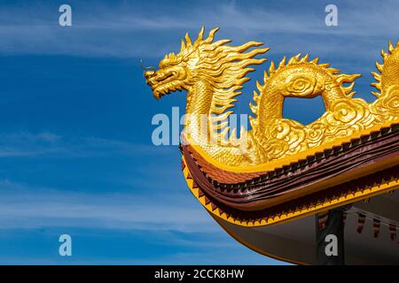 Vietnam, Phu Quoc island, Ho Quoc Pagoda, Detail of golden dragon on pagoda roof Stock Photo