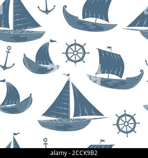 Boat graphic blue color sketch seamless pattern background illustration vector Stock Vector