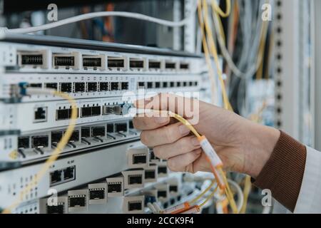 Close-up of woman plugging fiber optic cable in equipment at data center Stock Photo