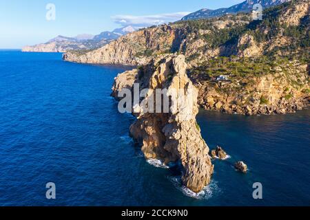 Spain, Mallorca, Deia, Drone view of Sa Foradada peninsula in summer Stock Photo