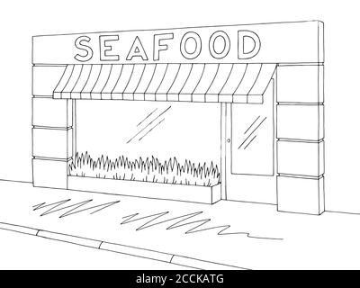 Seafood store shop exterior graphic black white sketch illustration vector Stock Vector